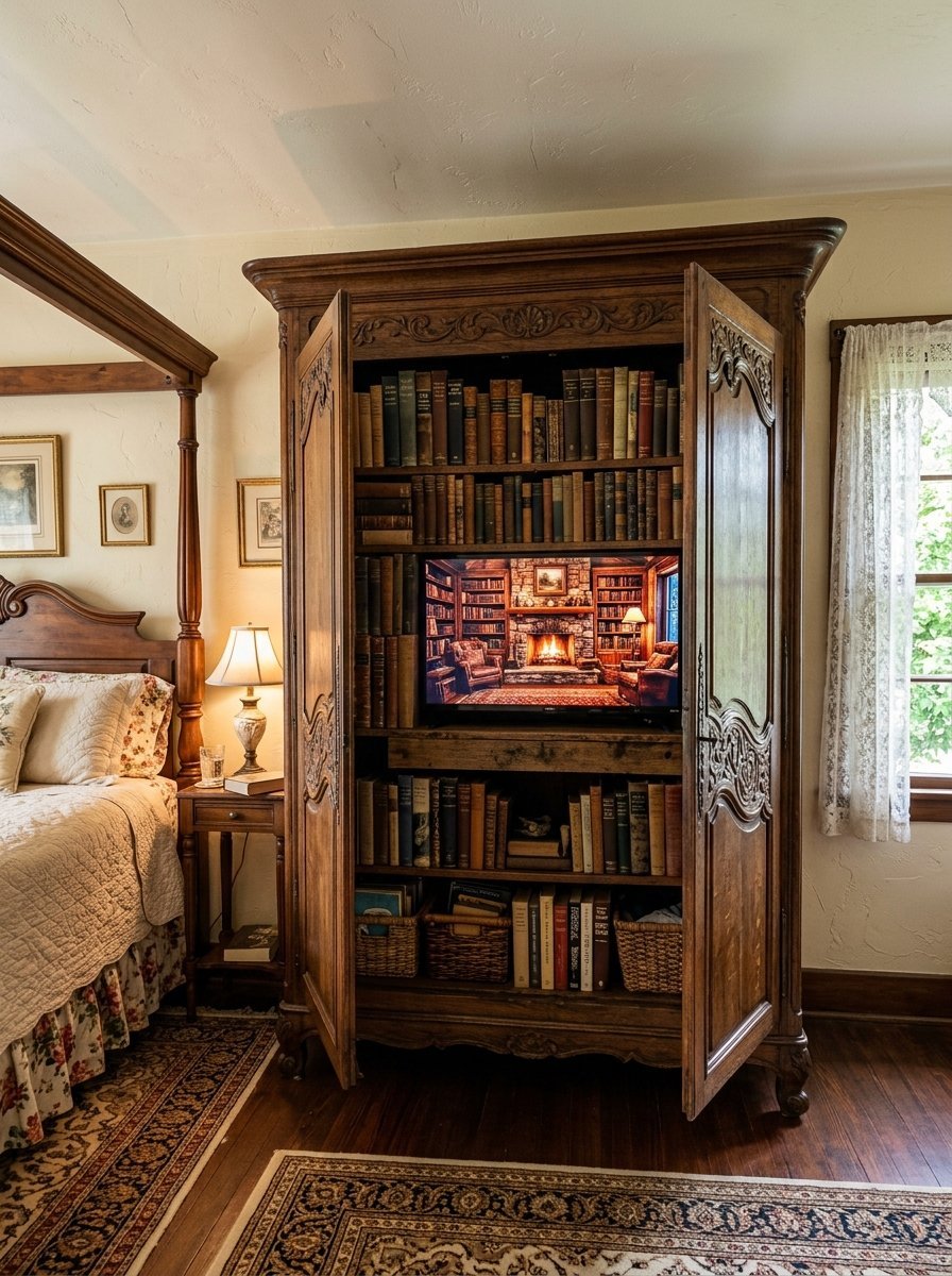 A rustic wood cabinet with open doors revealing a TV displaying a fireplace scene, surrounded by antique book shelves.