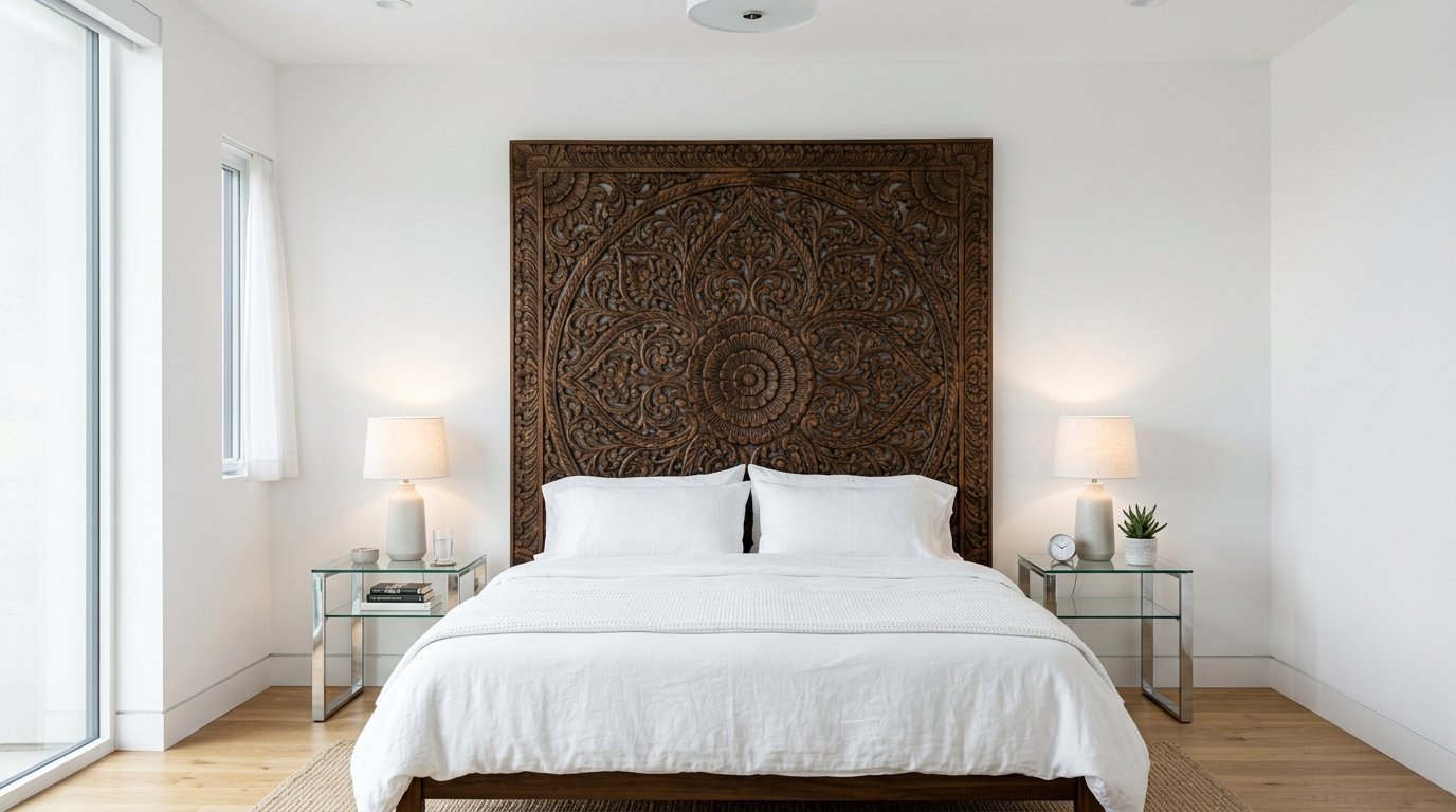 Modern bedroom with a large circular carved wooden headboard behind a white bed, flanked by glass nightstands.
