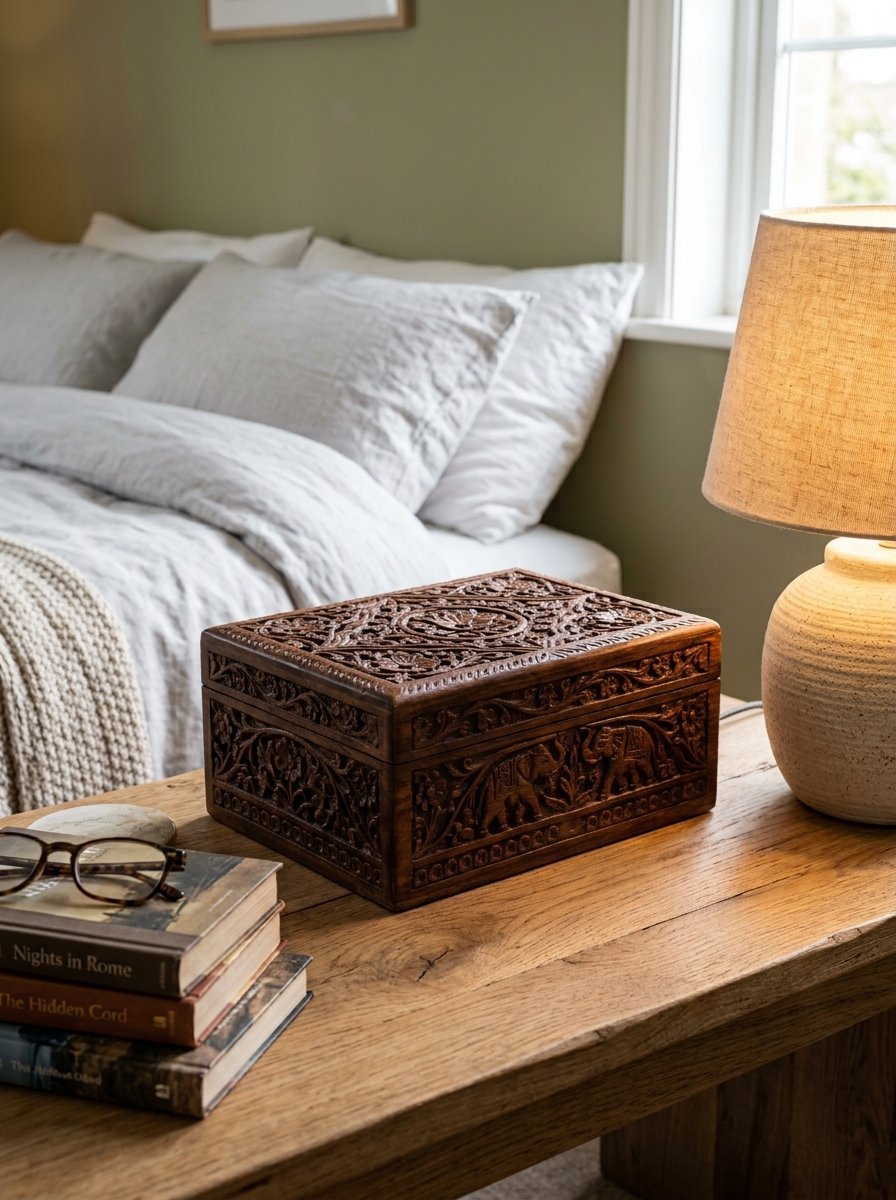 A decorative dark wood chest with intricate carvings of elephants sitting on a bedside table next to books and a lamp.