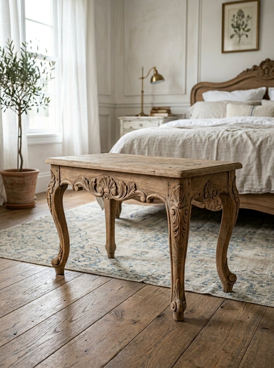 Detailed ornate antique wood stool standing on a patterned rug in front of a rustic farmhouse bed.