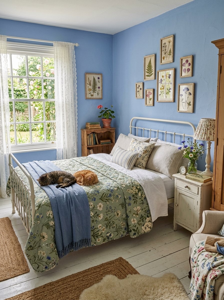 A tabby and ginger cat napping on a floral bedspread in a cottage-style bedroom with blue walls and pressed flower art.