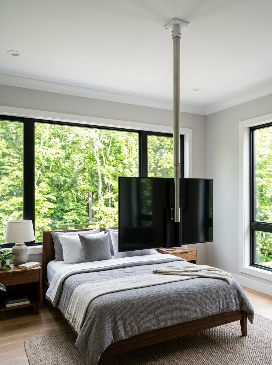 A flat screen television suspended from the ceiling on a metal pole in front of a wooden bed.