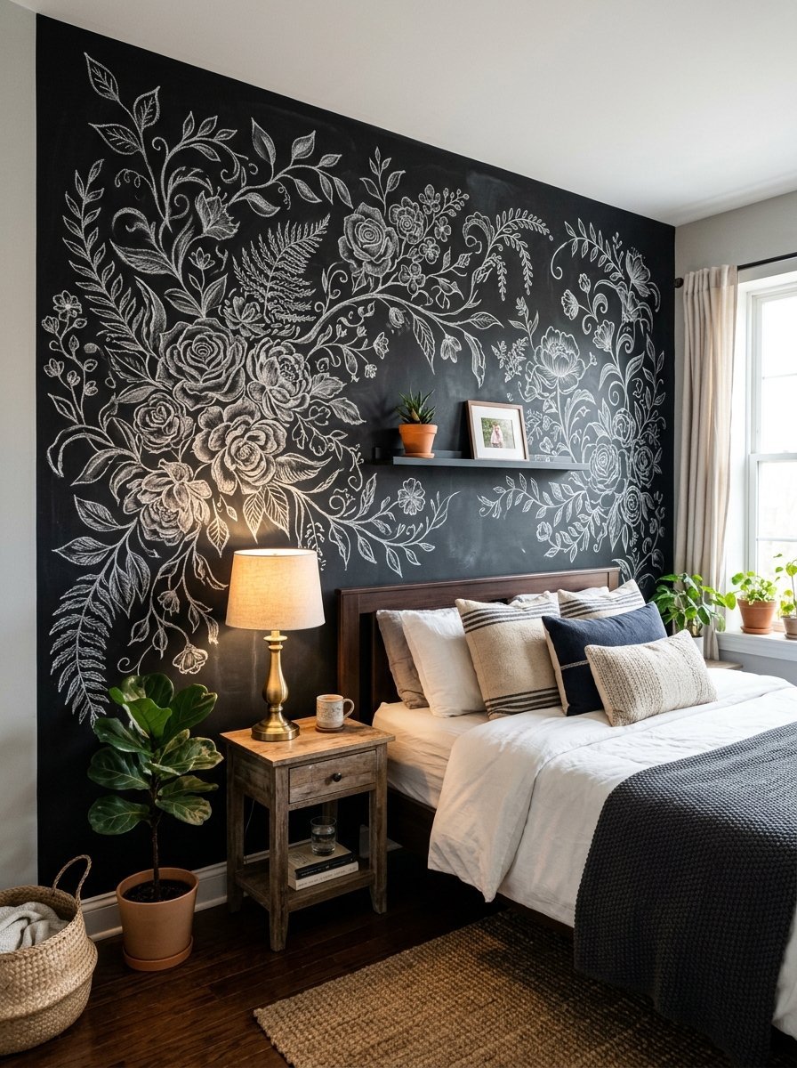 A bedroom with a black chalkboard wall decorated with detailed white chalk illustrations of flowers and leaves.