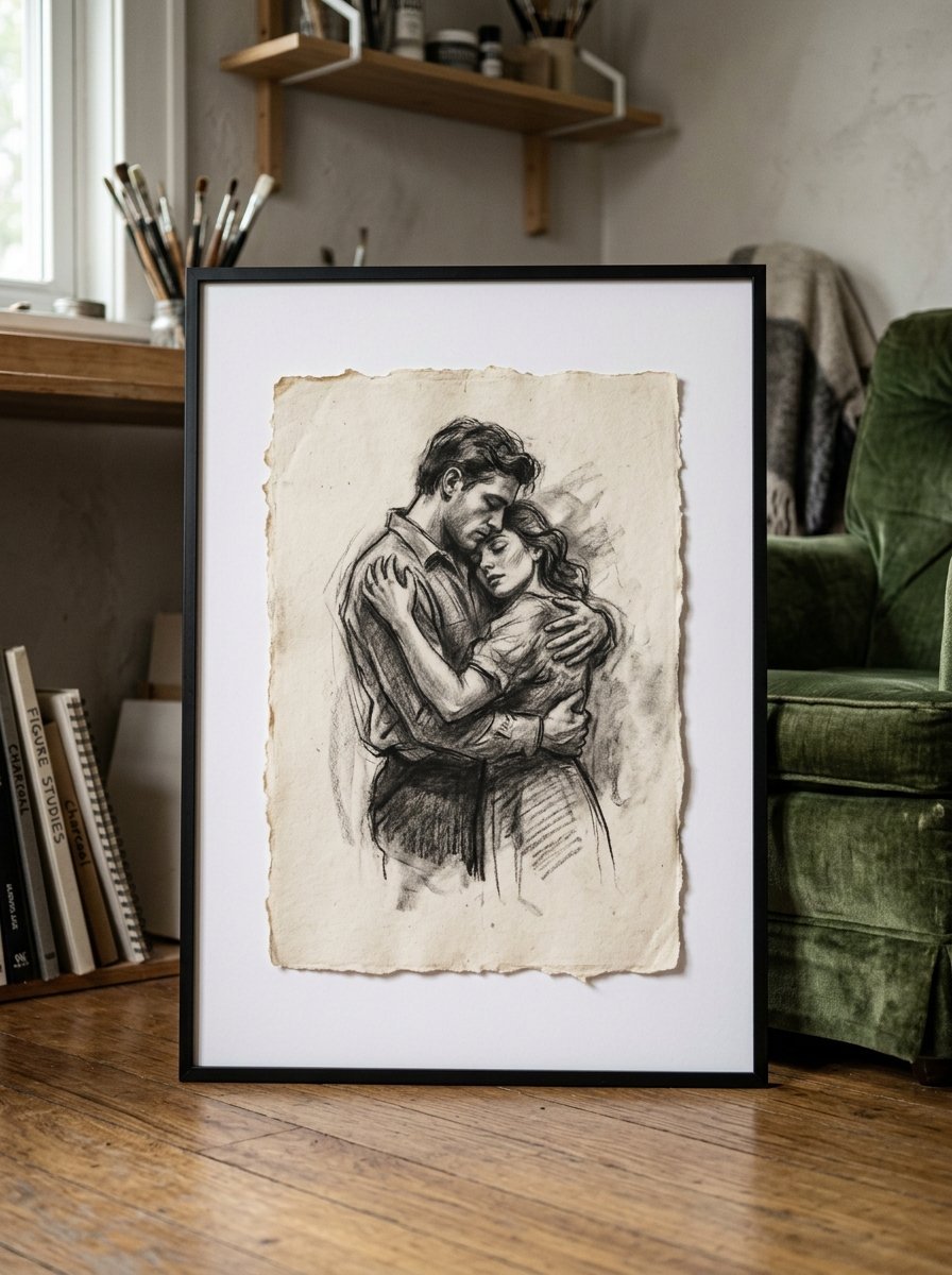 A black and white charcoal drawing of a man and woman hugging on textured vintage paper inside a black frame.