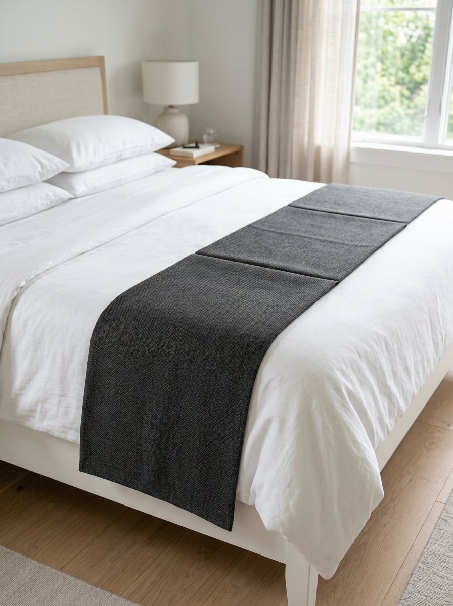 Close-up of a modern bed featuring white linens draped with a dark grey textured fabric runner.