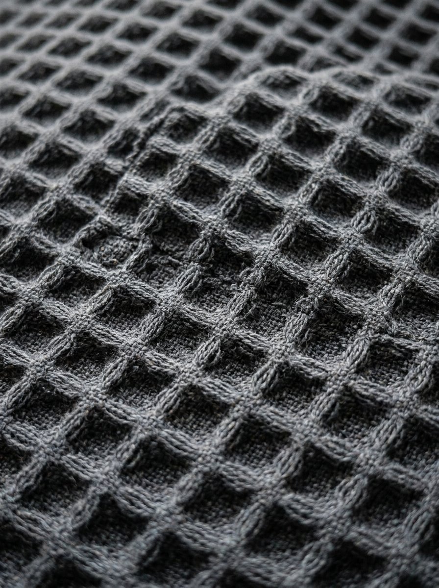 Detailed macro shot of a dark gray textile featuring a prominent three-dimensional grid pattern.