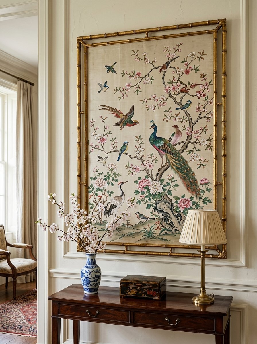 Decorative painting of a peacock and other birds on a fabric panel with a gold bamboo style frame.
