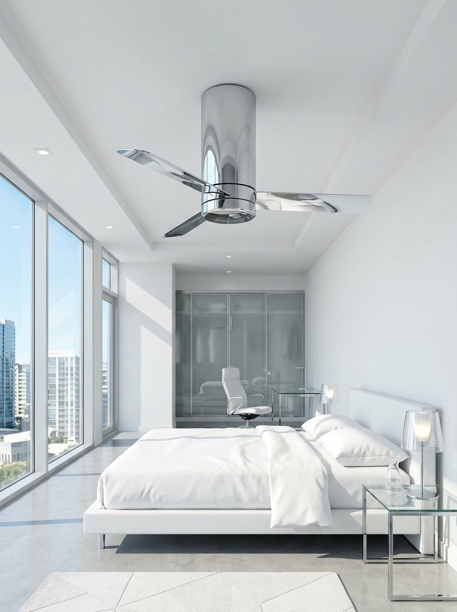 A sleek silver metal ceiling fan hangs in a white modern bedroom with floor to ceiling windows.