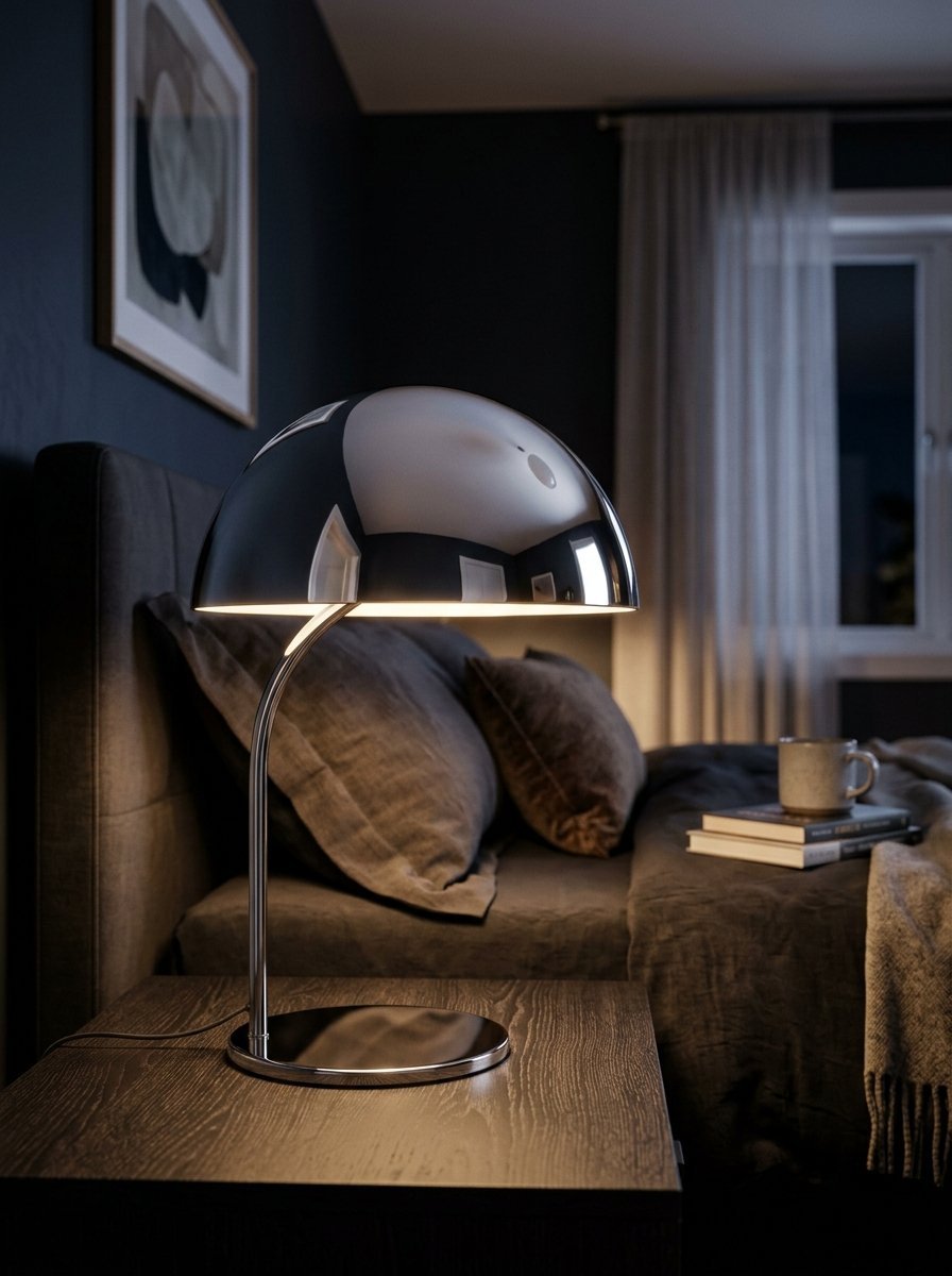 Reflective silver mushroom-style desk lamp sitting on a dark wooden nightstand next to an unmade bed.