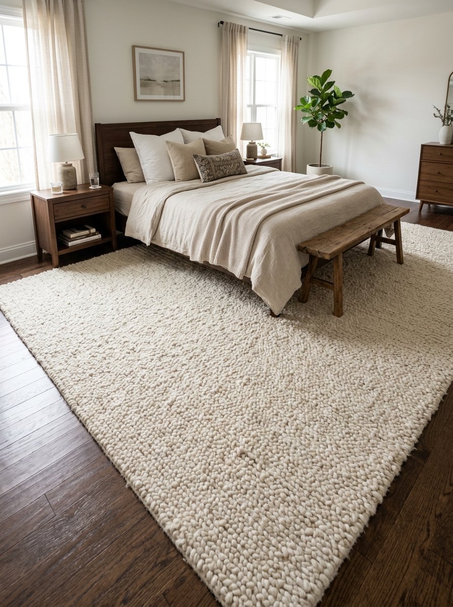 Large textured off-white wool rug covering a dark hardwood bedroom floor beneath a wooden bed frame.