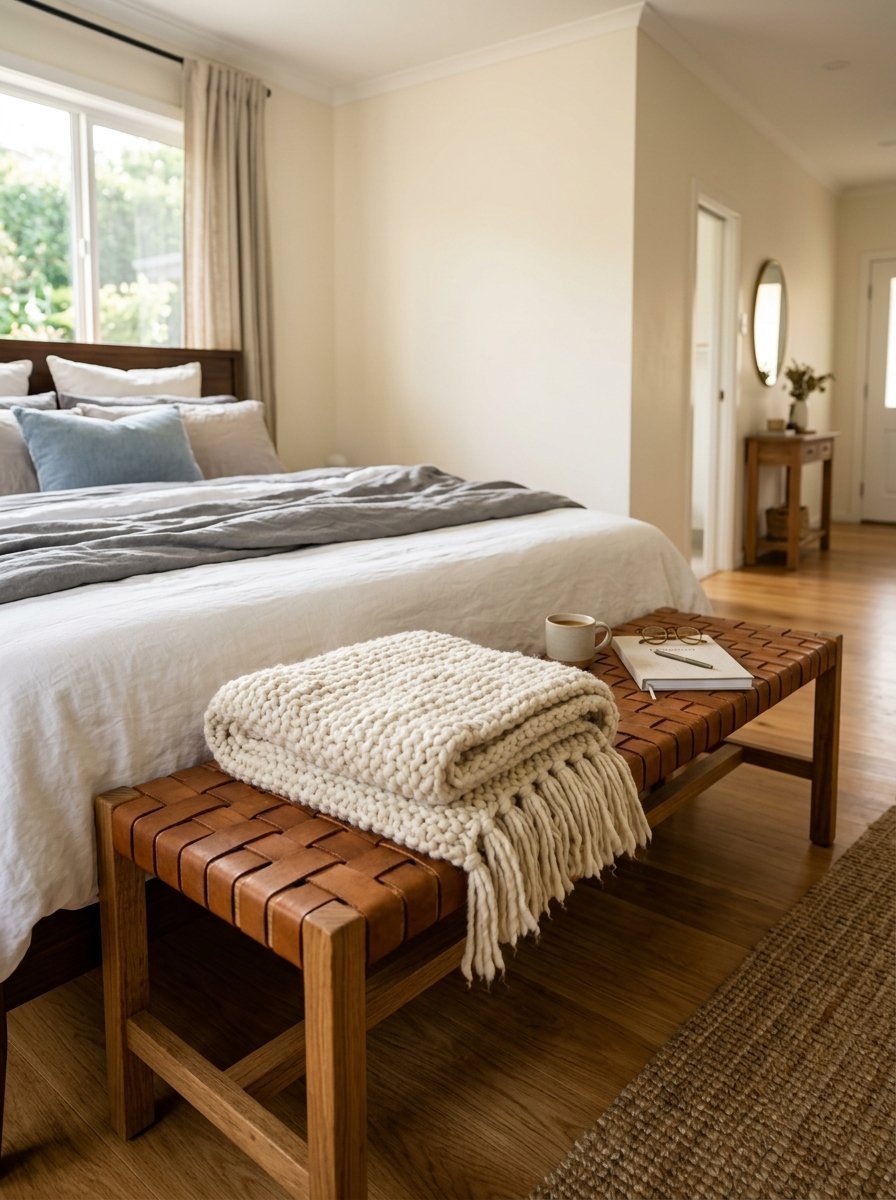 A cream colored, chunky knit fringe throw blanket resting on a tan woven leather bedroom bench at the foot of a bed.