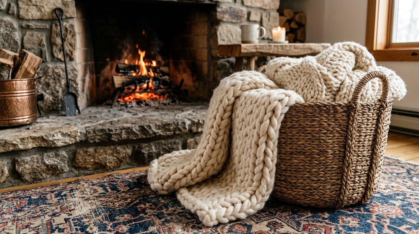 A soft, thick, off-white cable knit throw blanket inside a wicker basket on a patterned rug near a stone fireplace.