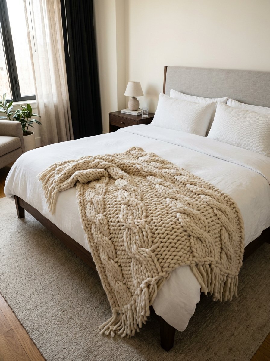 Textured cream colored chunky yarn blanket with fringe detail lying on a white bedroom comforter.