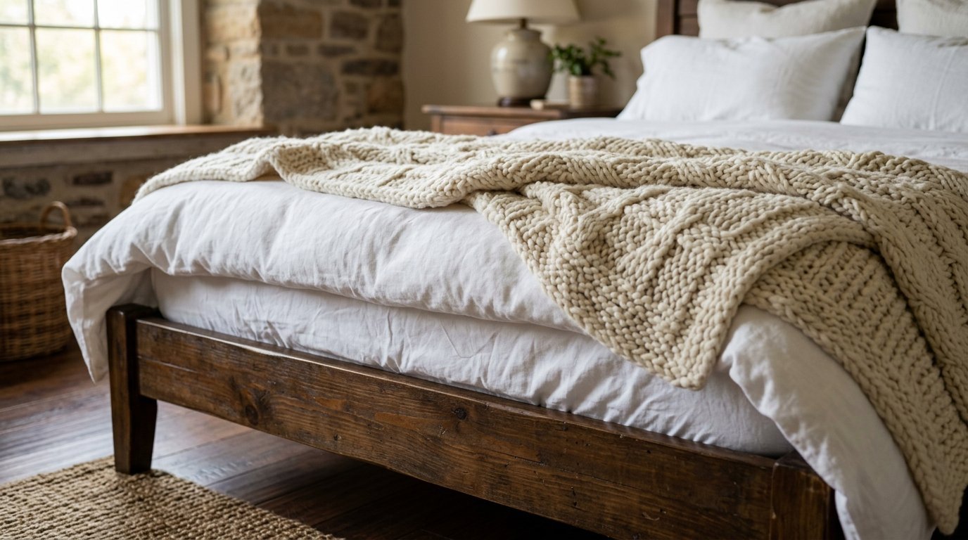 Close up of a wooden bed frame layered with white linens and a thick beige cable knit throw.