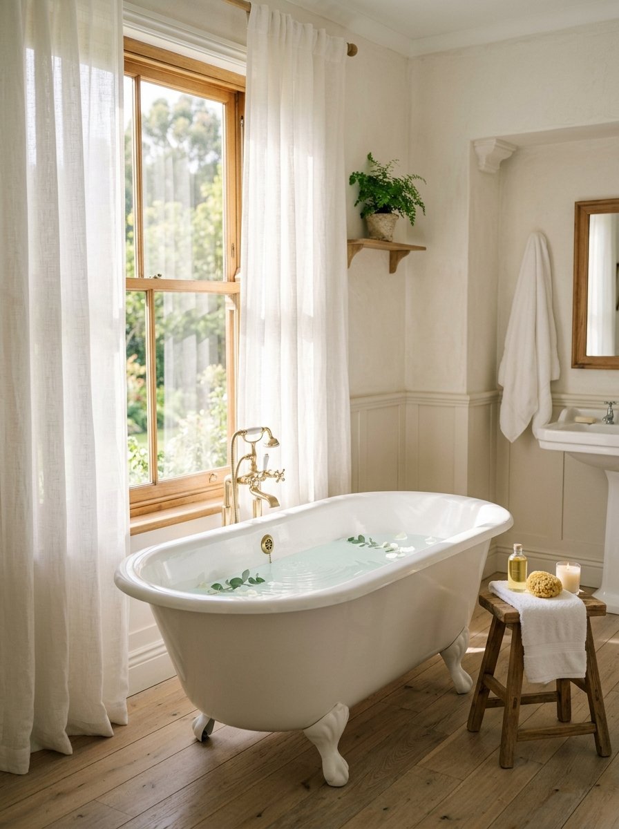Vintage freestanding bathtub by a window with a wooden stool holding bath oils and a sponge.