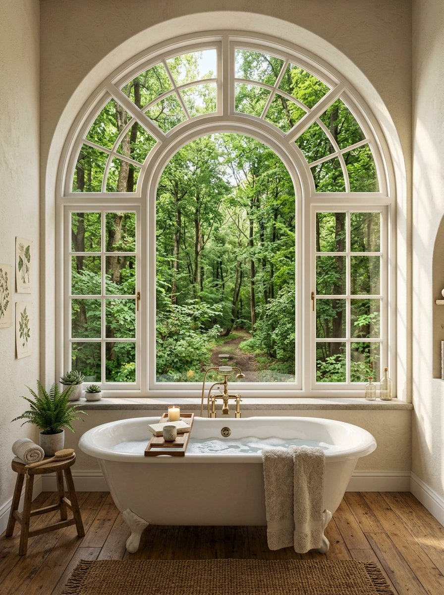 A white bathtub with bubbles sits before a large arched window with a view of trees and a woodland path.