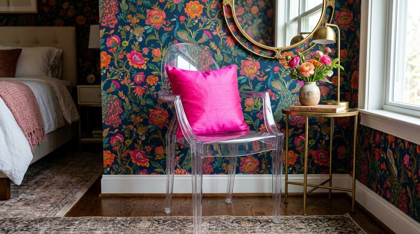 A clear ghost chair holding a bright fuchsia cushion against dark blue peacock and floral patterned wallpaper.
