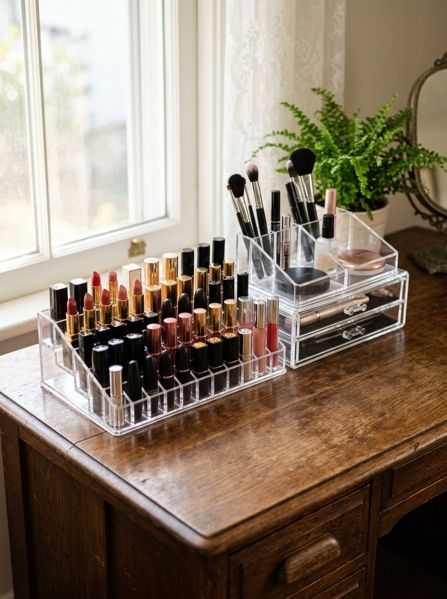 Transparent plastic storage cases holding assorted lipsticks and makeup brushes next to a small potted fern.