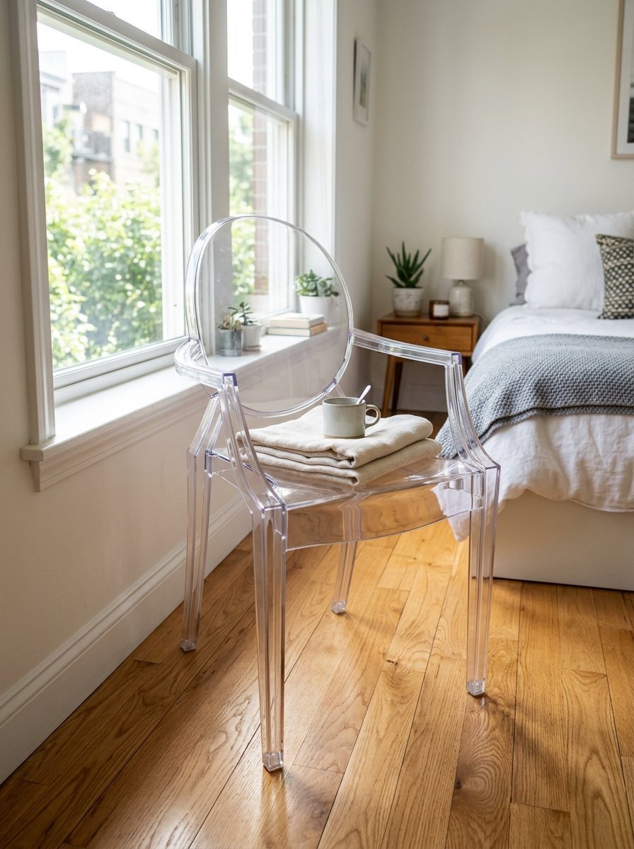 A clear plastic dining chair with folded beige linens and a small ceramic coffee mug sitting on the seat.