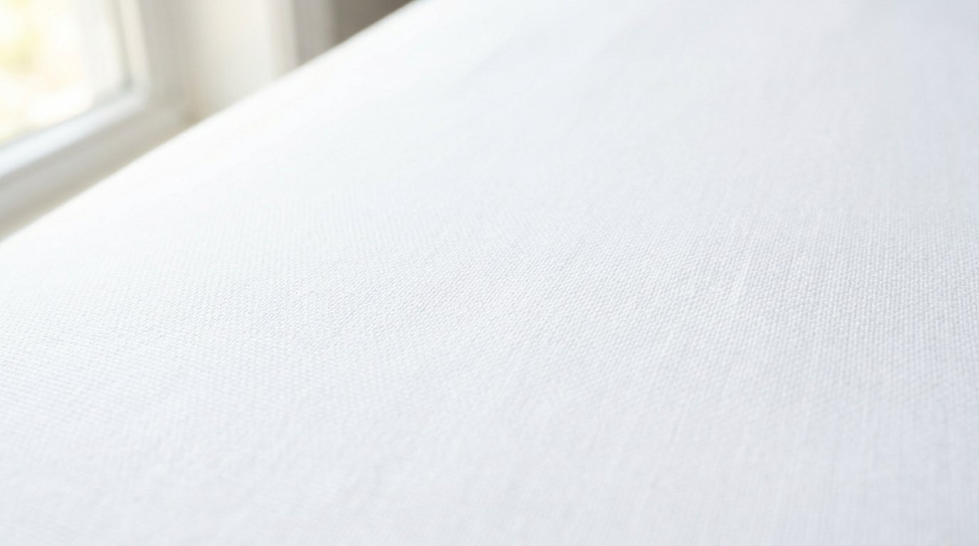 Detailed perspective of white textile material with a visible weave pattern under soft daylight.