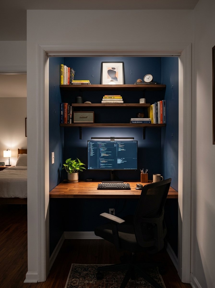 A small home office built inside a closet with a desk, computer monitor, and floating bookshelves on blue walls.