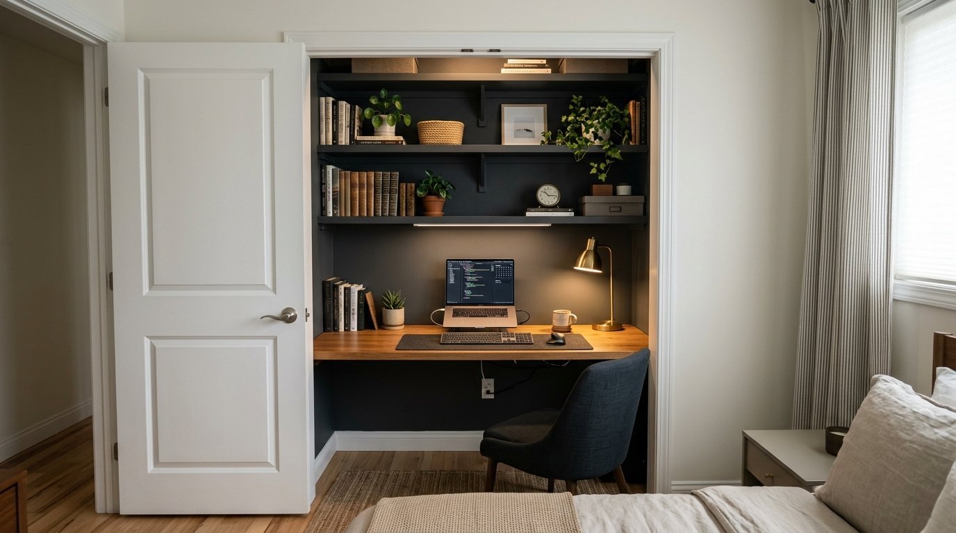 Small home office setup inside a bedroom closet with dark walls, wooden desk, plants, and a laptop.