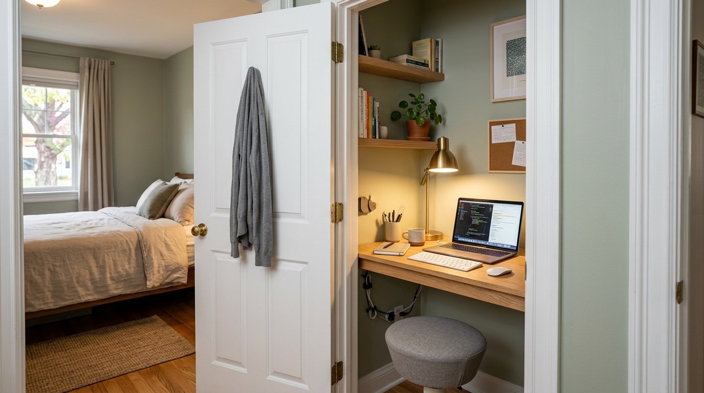 Small home office setup inside a converted bedroom closet with a laptop, lamp, and grey stool.