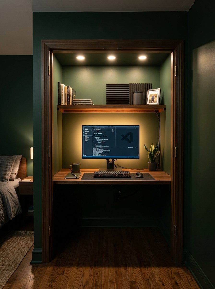 A converted closet office nook with a desk, monitor showing code, shelving, and warm LED accent lights.