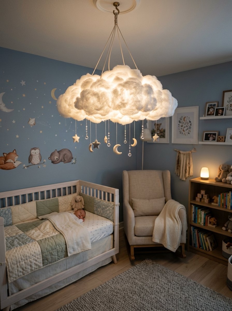 A fluffy cloud chandelier with dangling moons and stars over a baby crib in a blue nursery.
