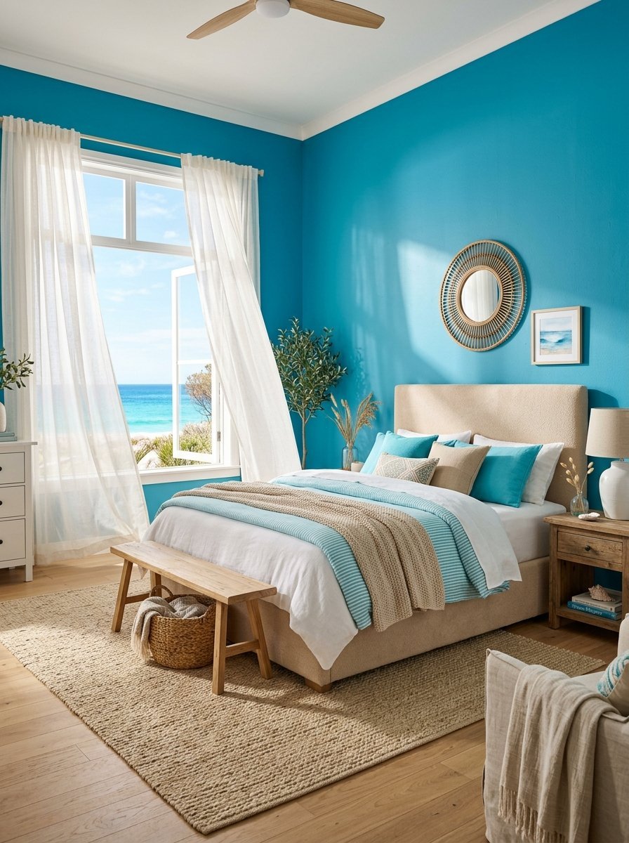 Modern bedroom featuring bright blue walls, beige furniture, a jute rug, and a large window overlooking the beach.