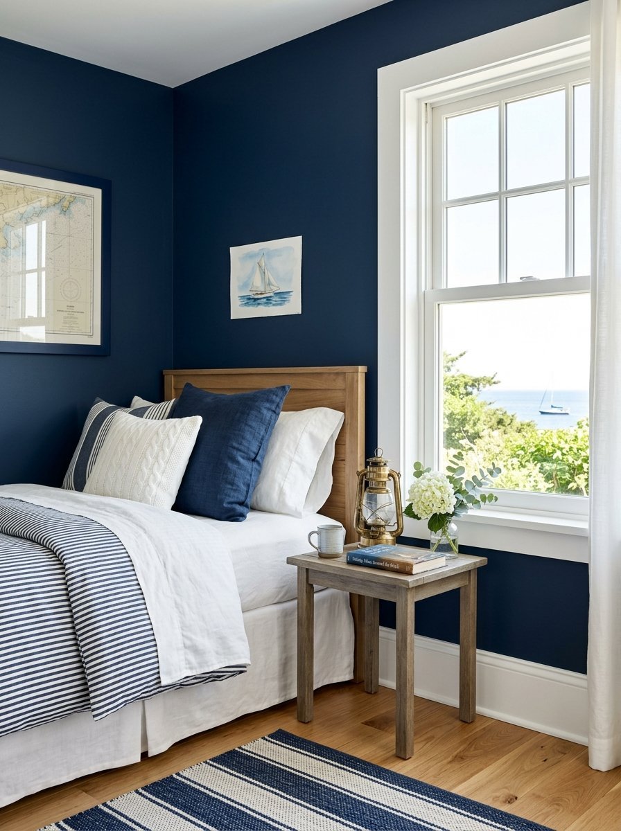 Wooden nightstand with a vintage lantern next to a nautical-themed bed in a room with deep blue walls.