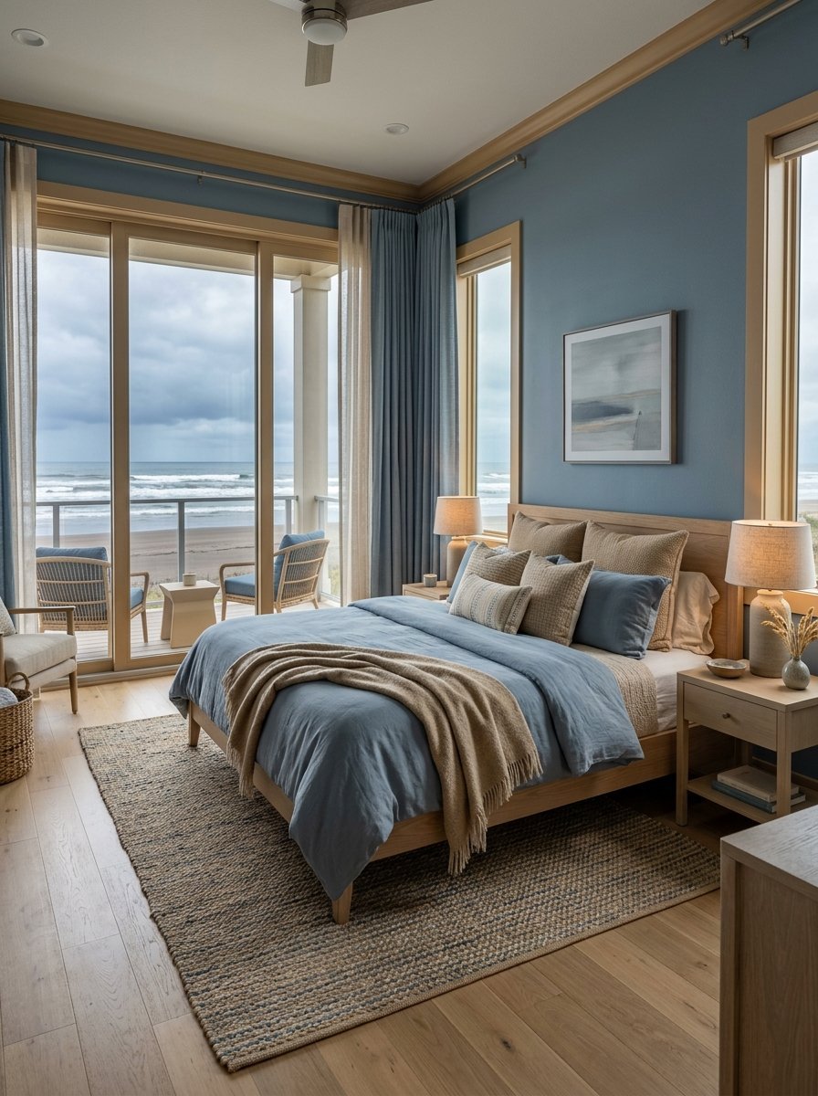 Modern bedroom with blue walls, wood bed frame, and sliding glass doors leading to a balcony overlooking the beach.