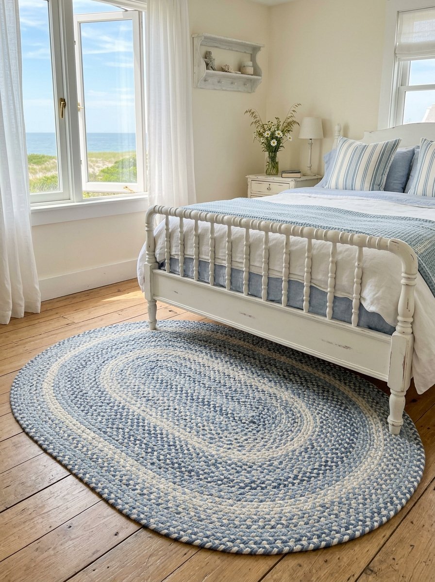 A textured blue and white oval braided rug sits on hardwood floors beside a white bed in a room overlooking the ocean.