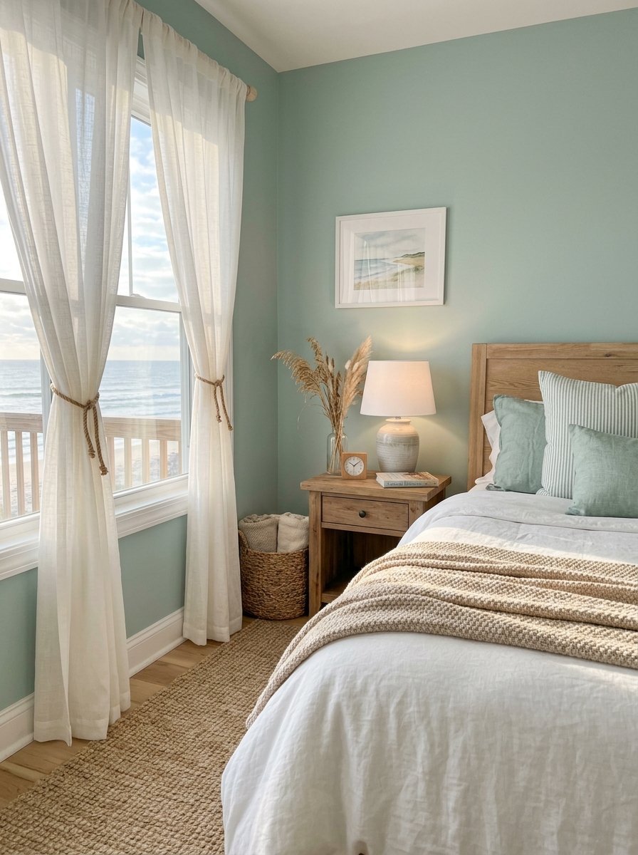 Sunny bedroom with ocean view, sage green walls, light wood furniture, and airy white curtains.