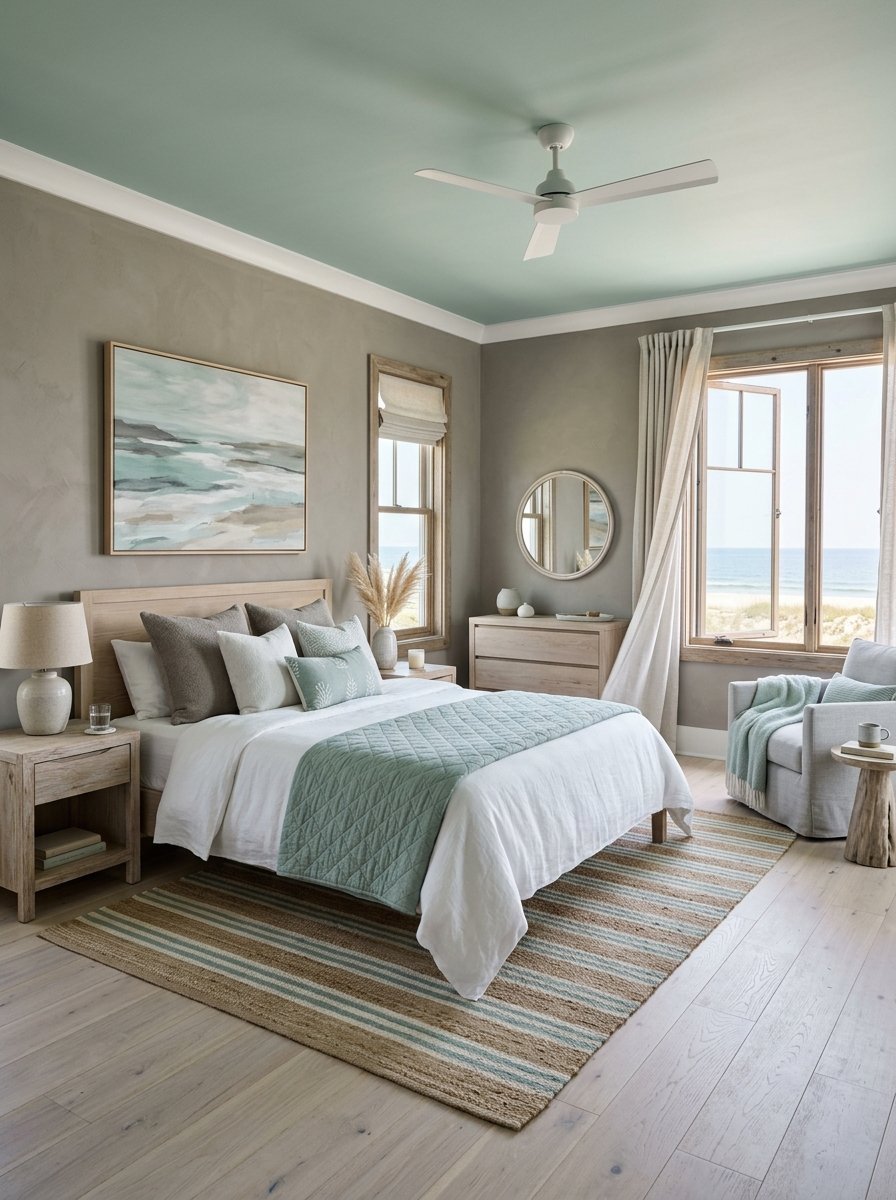 A tranquil bedroom with wood furniture, mint green bedding, and a large window overlooking the beach.