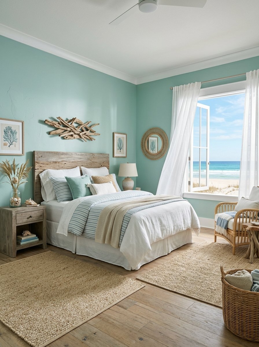 A light blue bedroom with a rustic wooden headboard and a window overlooking a sunny beach.