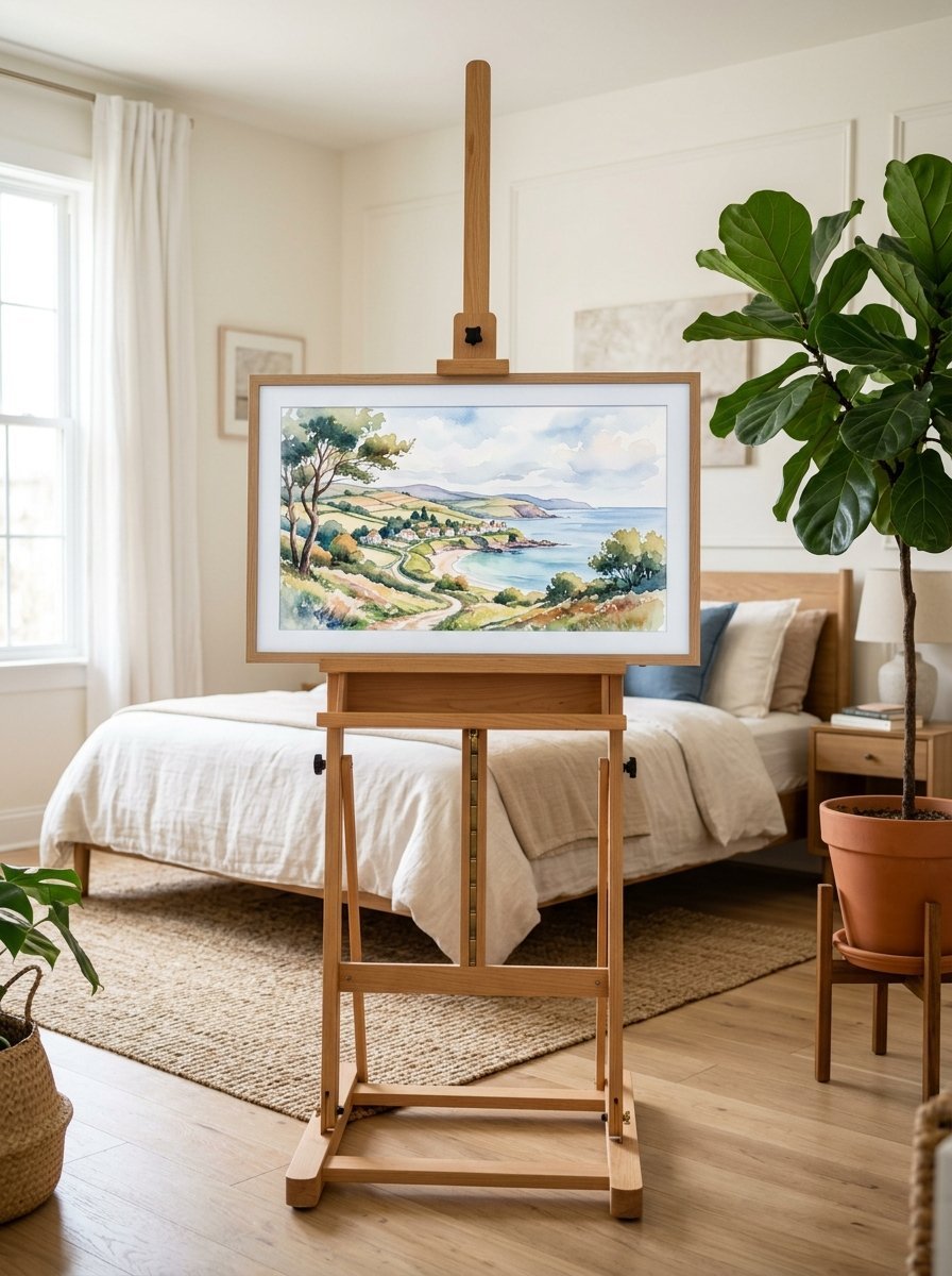 Watercolor painting of a seaside village on an easel inside a cozy bedroom with a large potted plant.