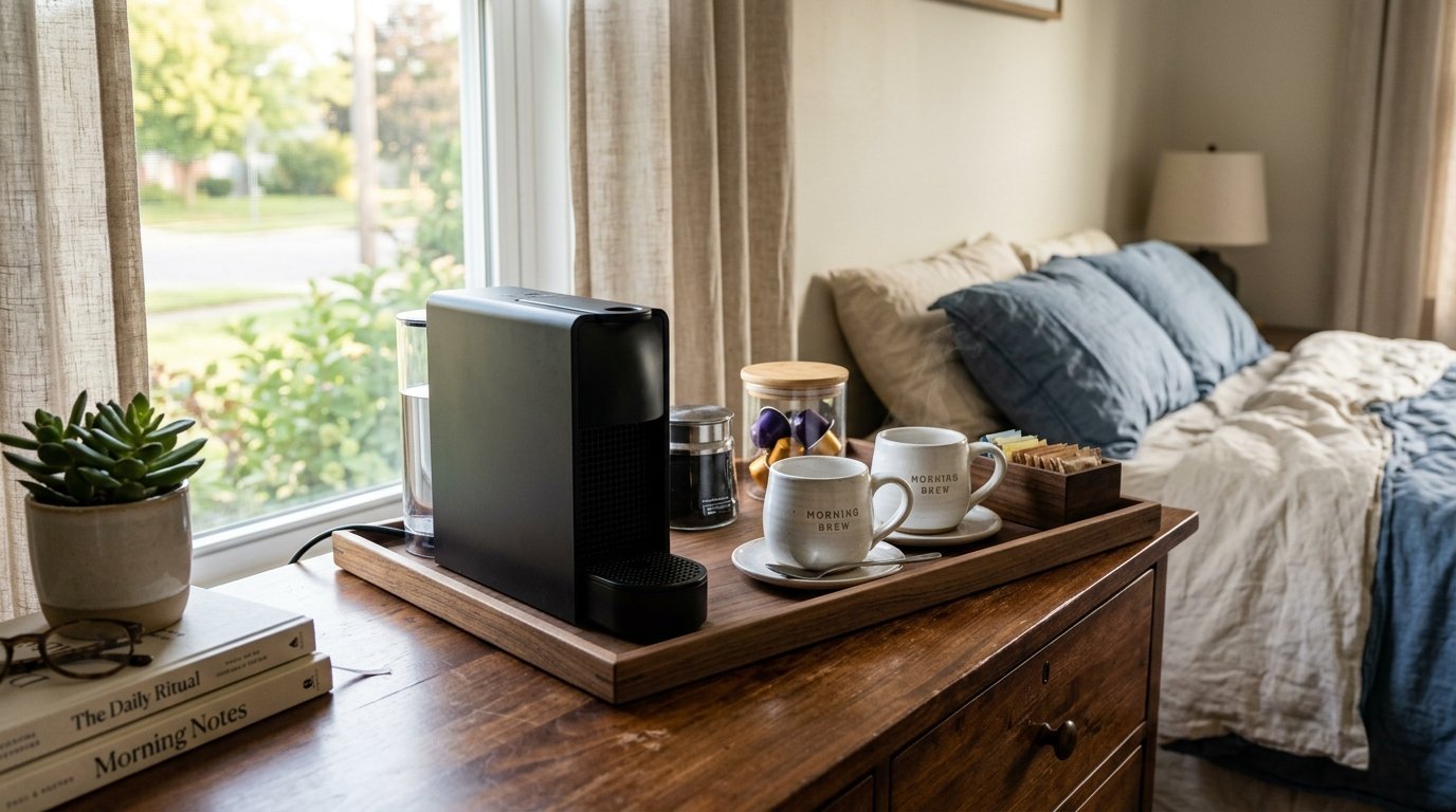Modern coffee station on a wooden tray with two mugs and espresso machine near a window.