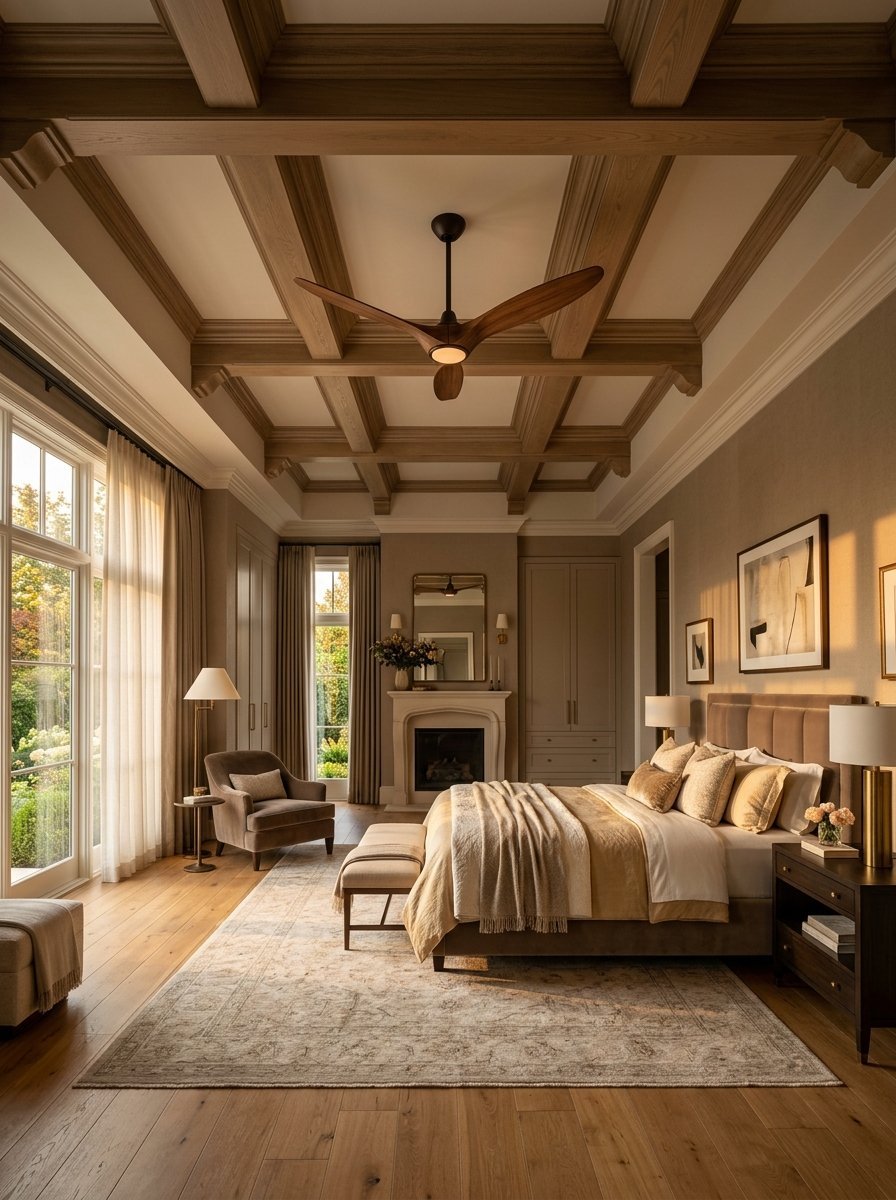 Luxurious master bedroom with a wood-bladed ceiling fan, fireplace, and soft golden hour light filtering through windows.