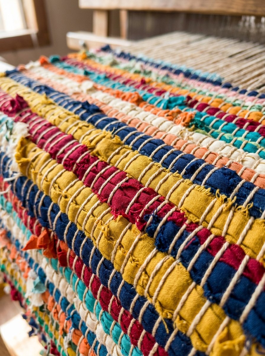 Multicolor fabric strips woven into a textile on a wooden loom.