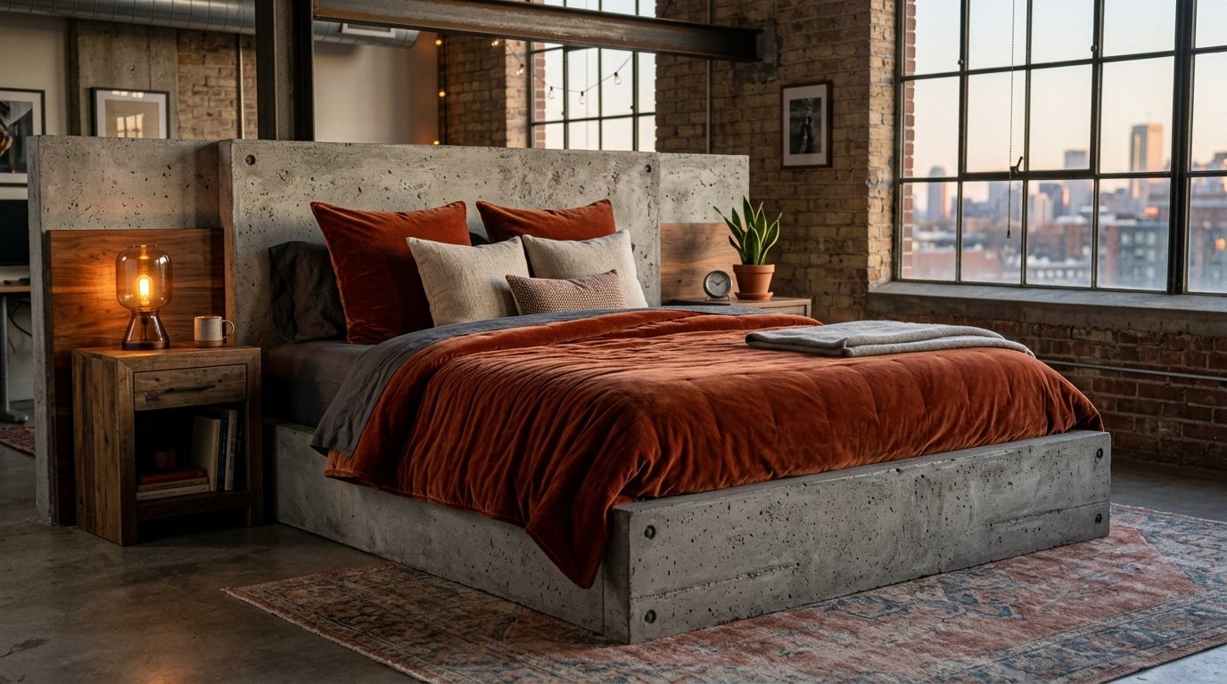 A low-profile concrete bed with burnt orange velvet linens in a loft-style apartment with exposed brick walls.