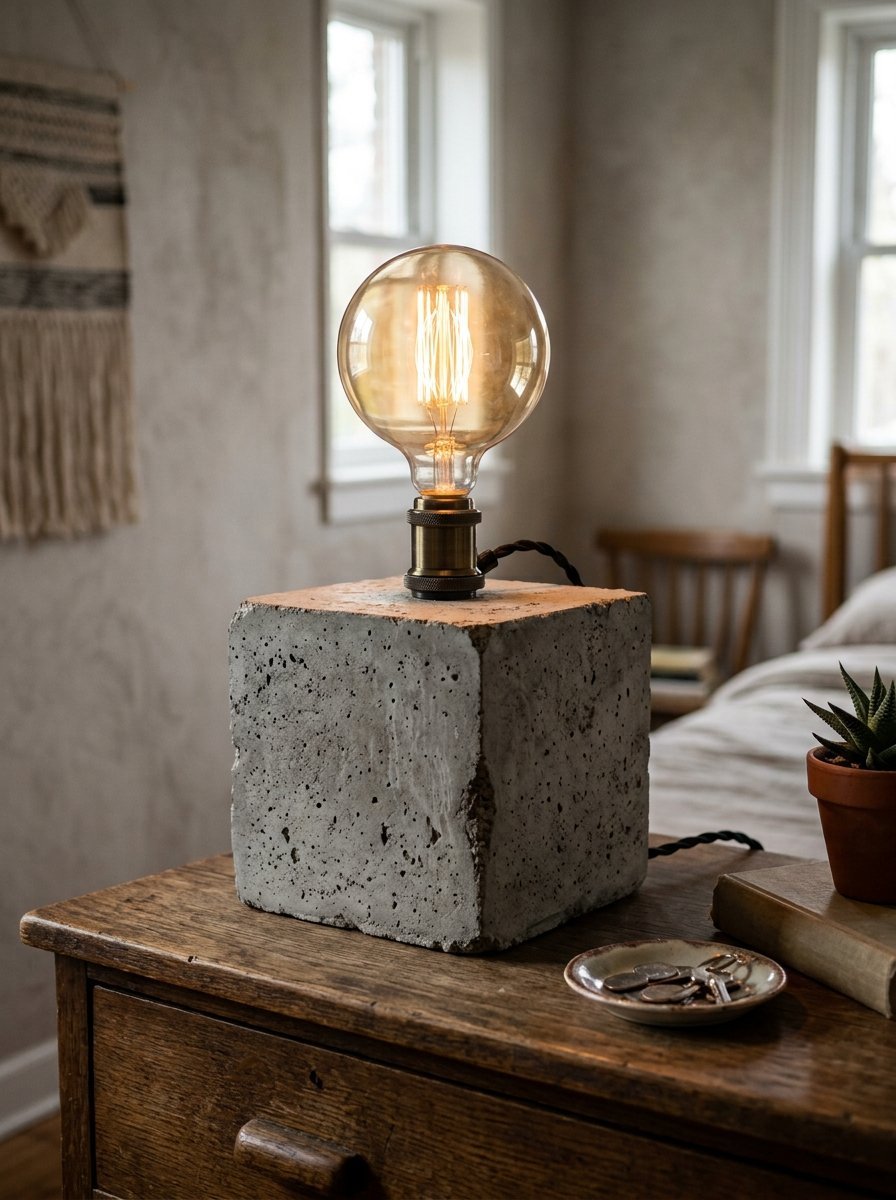 A rustic square cement base holding a warm glowing vintage style light bulb on a wooden bedside table.