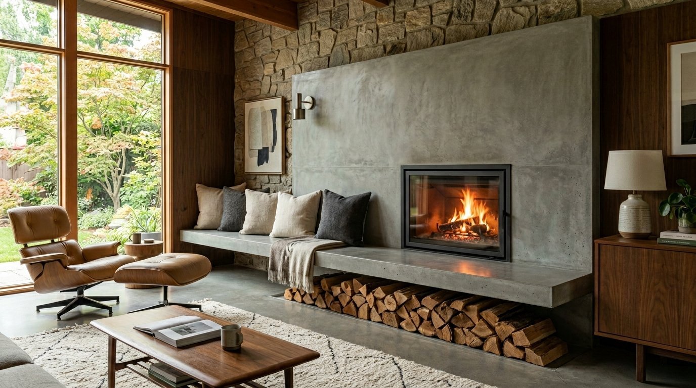 Modern living room with a stone wall, concrete hearth with stacked logs, and a leather mid-century lounge chair.