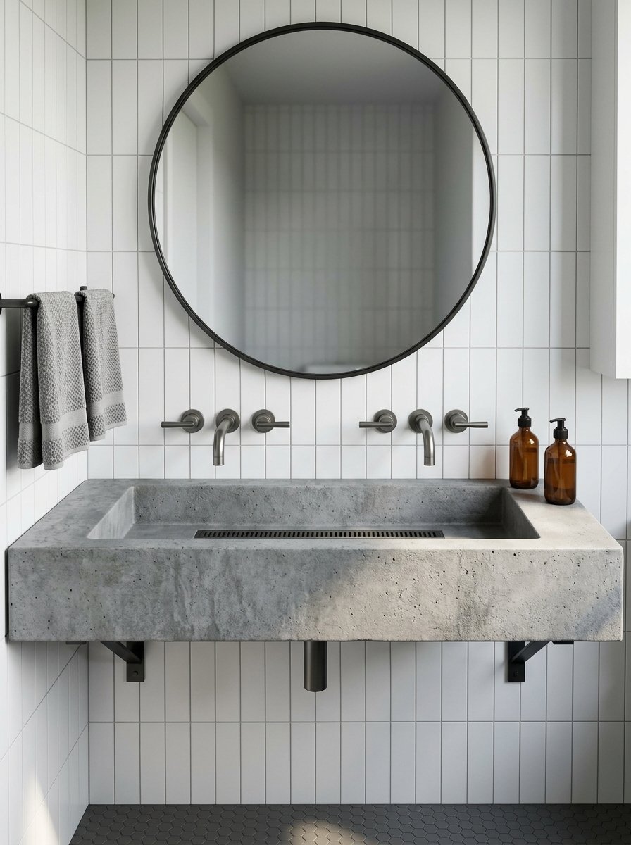 Wall-mounted concrete basin vanity with a circular mirror and twin wall-mounted faucets against white vertical tiles.