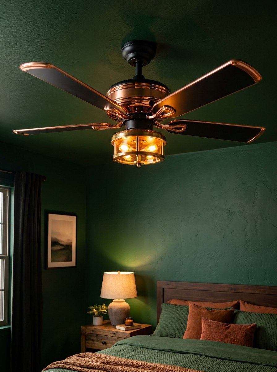 Modern ceiling fan with copper blades and integrated lantern light fixture in a moody green room.