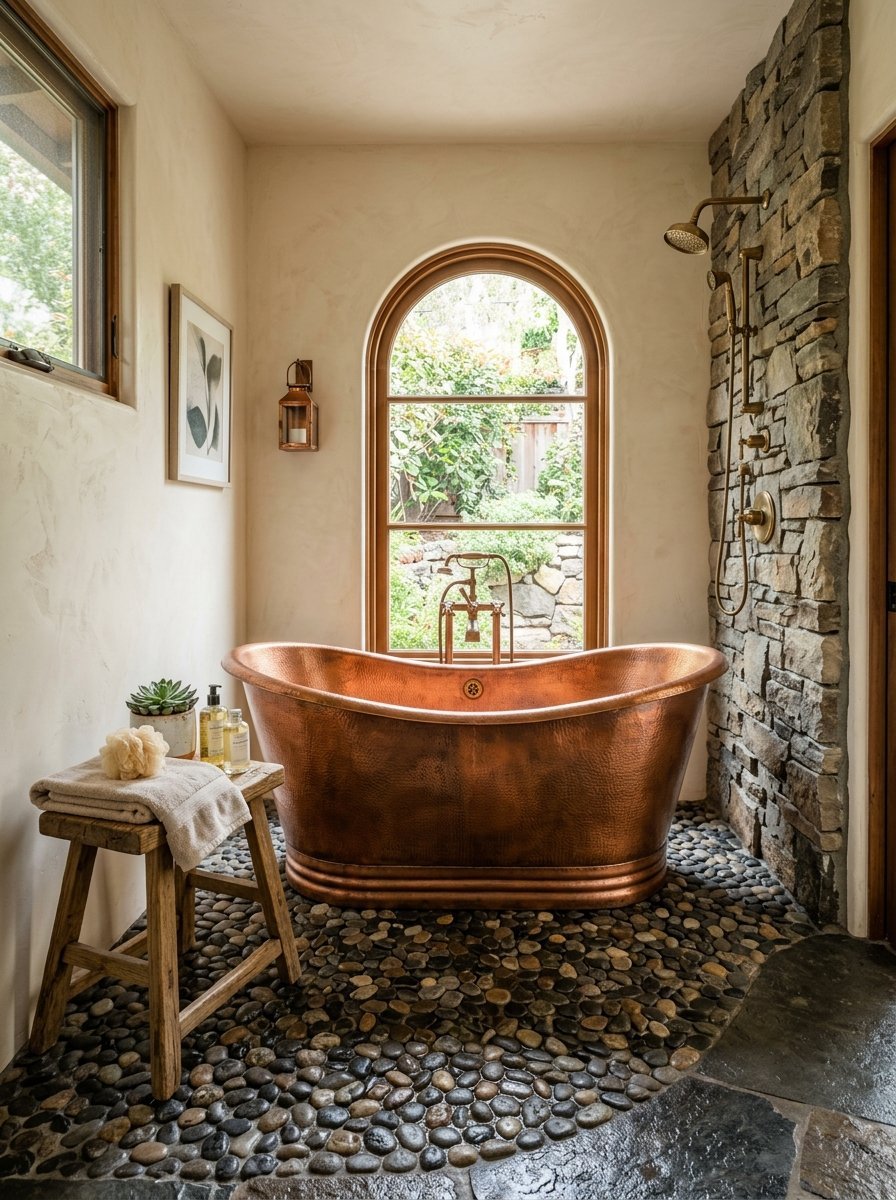 A rustic bathroom features a hammered copper tub on a river rock floor next to a natural stone shower wall.