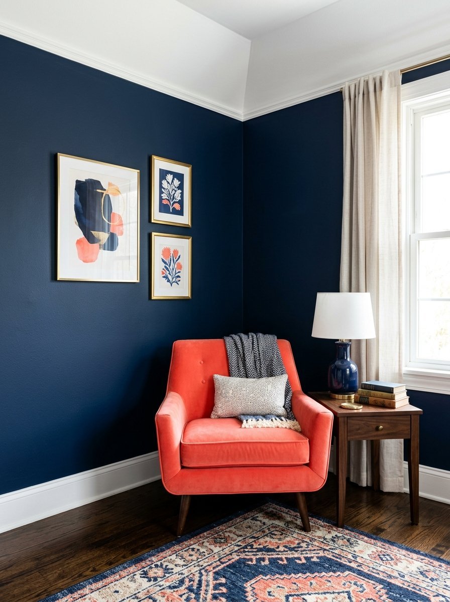 A mid-century modern coral velvet chair sits in a corner with navy blue walls, framed art, and a wooden side table.