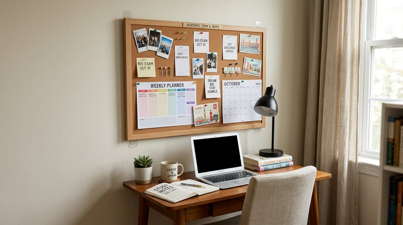 A wooden desk with a laptop, planner, and cork board covered in notes, photos, and a calendar.