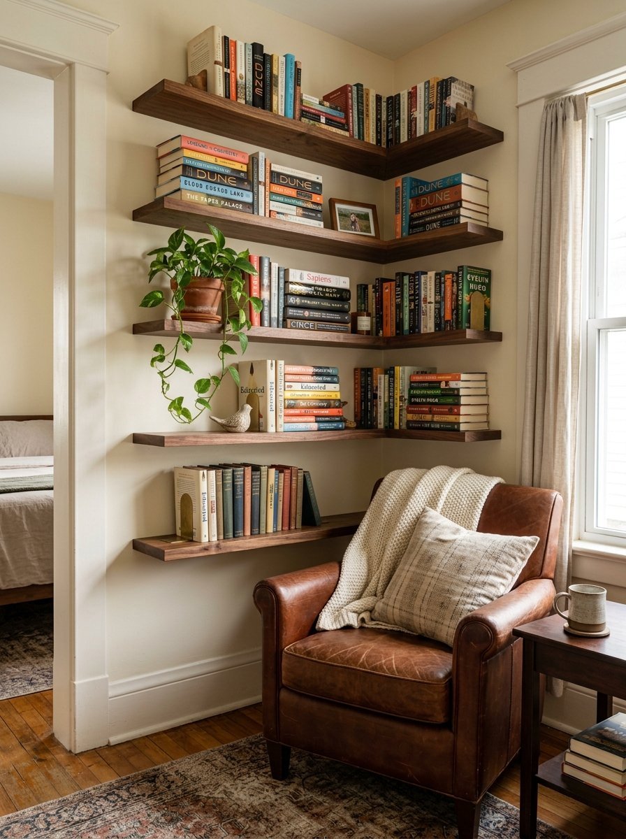 A brown leather armchair with a knit throw blanket sits beneath wall-mounted wood shelves filled with hardcover books.