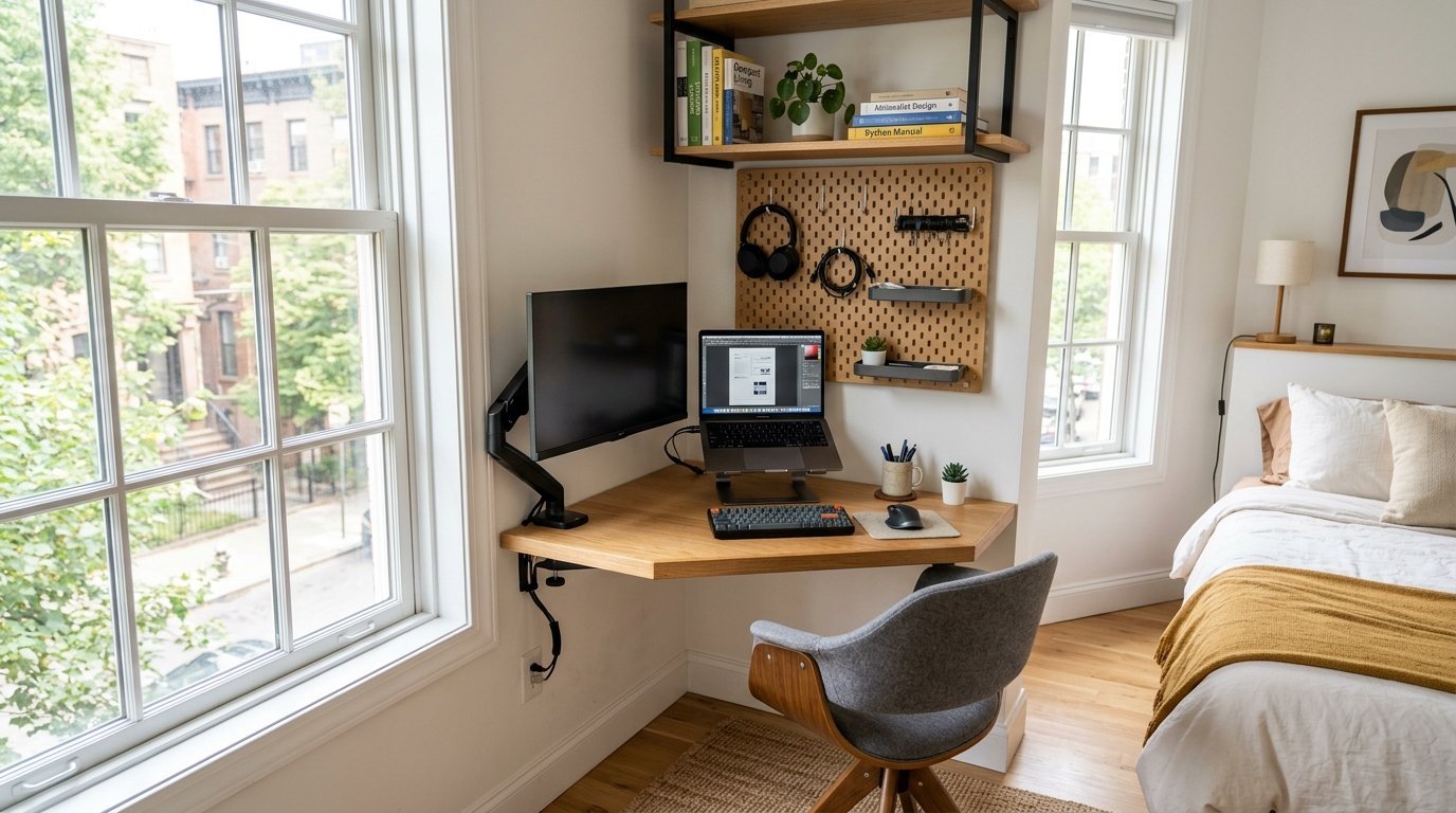 A small home office setup in a bedroom with a laptop, monitor, and pegboard on a wall-mounted wooden corner desk.